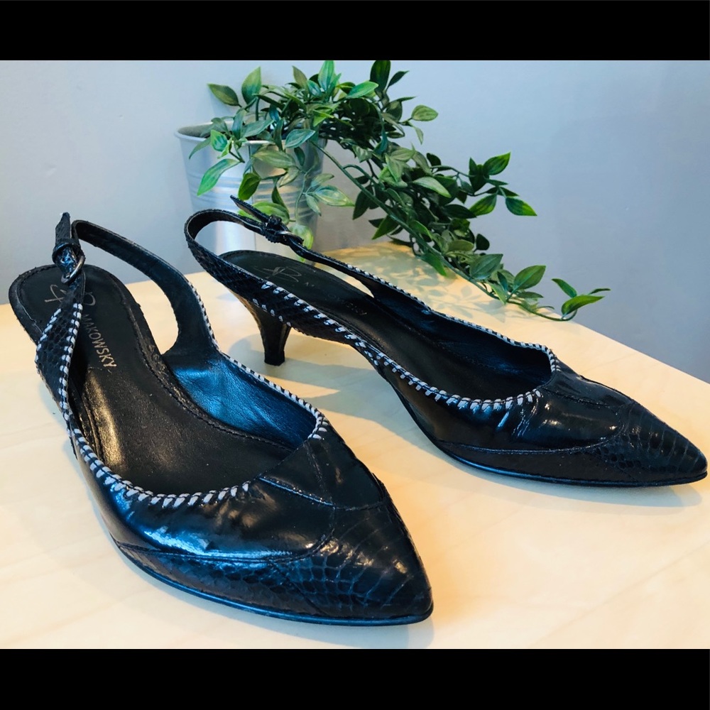 Sassy snakeskin kitten heel sling back